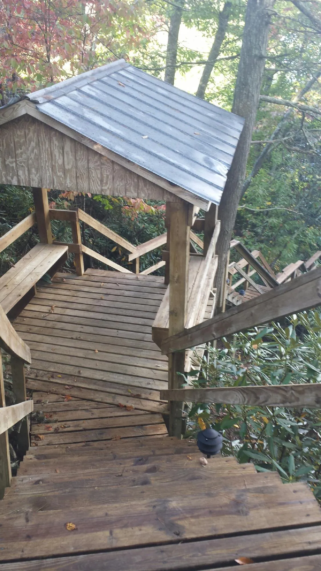 Metal roofed shelter over wooden steps on a wooded walkway — Skylight Repair & Installation work by our crew in Weyers Cave